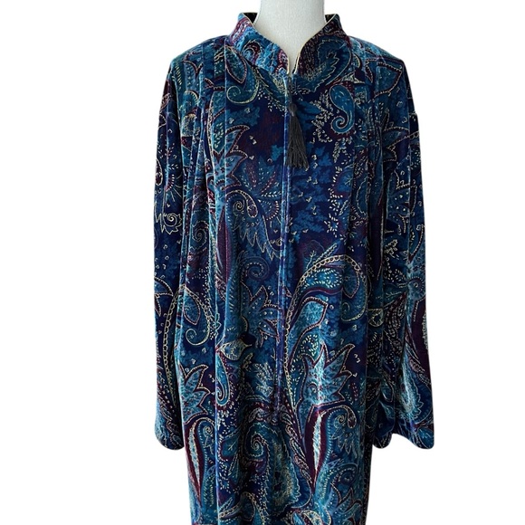 Sante' Vintage Blue Paisley Print Velour Full Length Front Zip Robe Size 2X - Picture 2 of 9